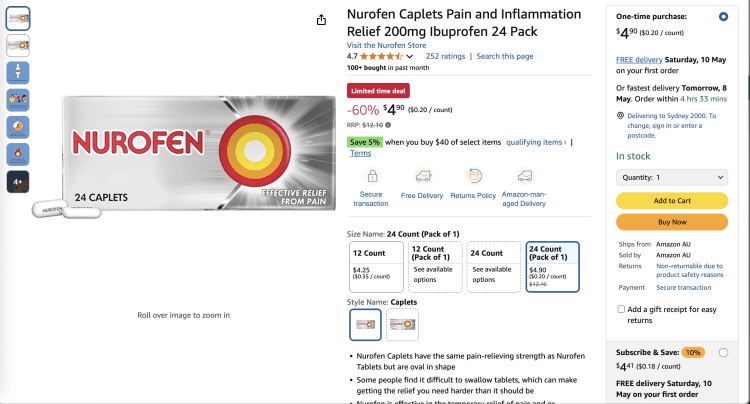 Amazon: Nurofen Caplets Pain and Inflammation Relief 200mg Ibuprofen 24 Pack – 60% Off, now $4.9